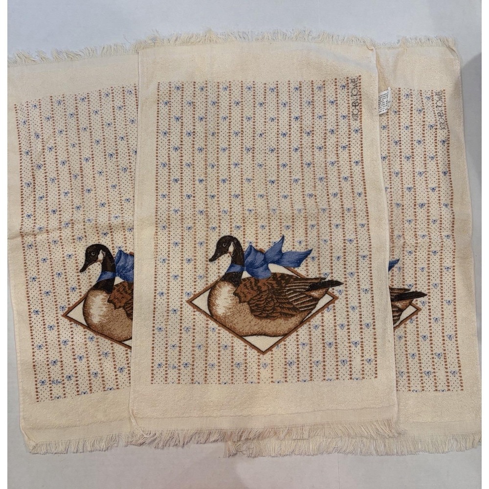 3 Vtg Duck Hand Dish Towel Fringe Kitchen Cabin Rustic 80s USA